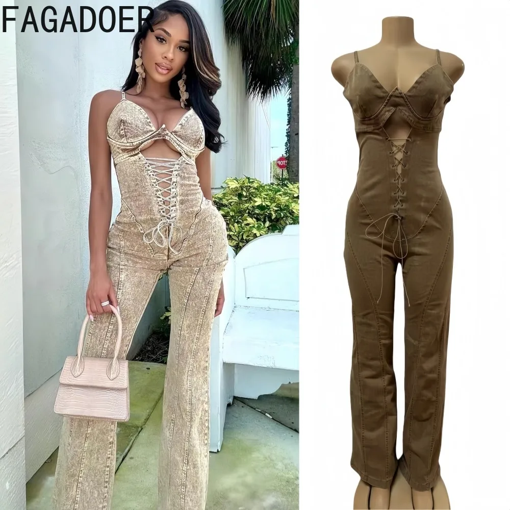 

FAGADOER Sexy Bandage Patchwork Bodycon Jumpsuits Woman Spaghetti Strap Hollow-out Backless Rompers Female Streetwear Overalls