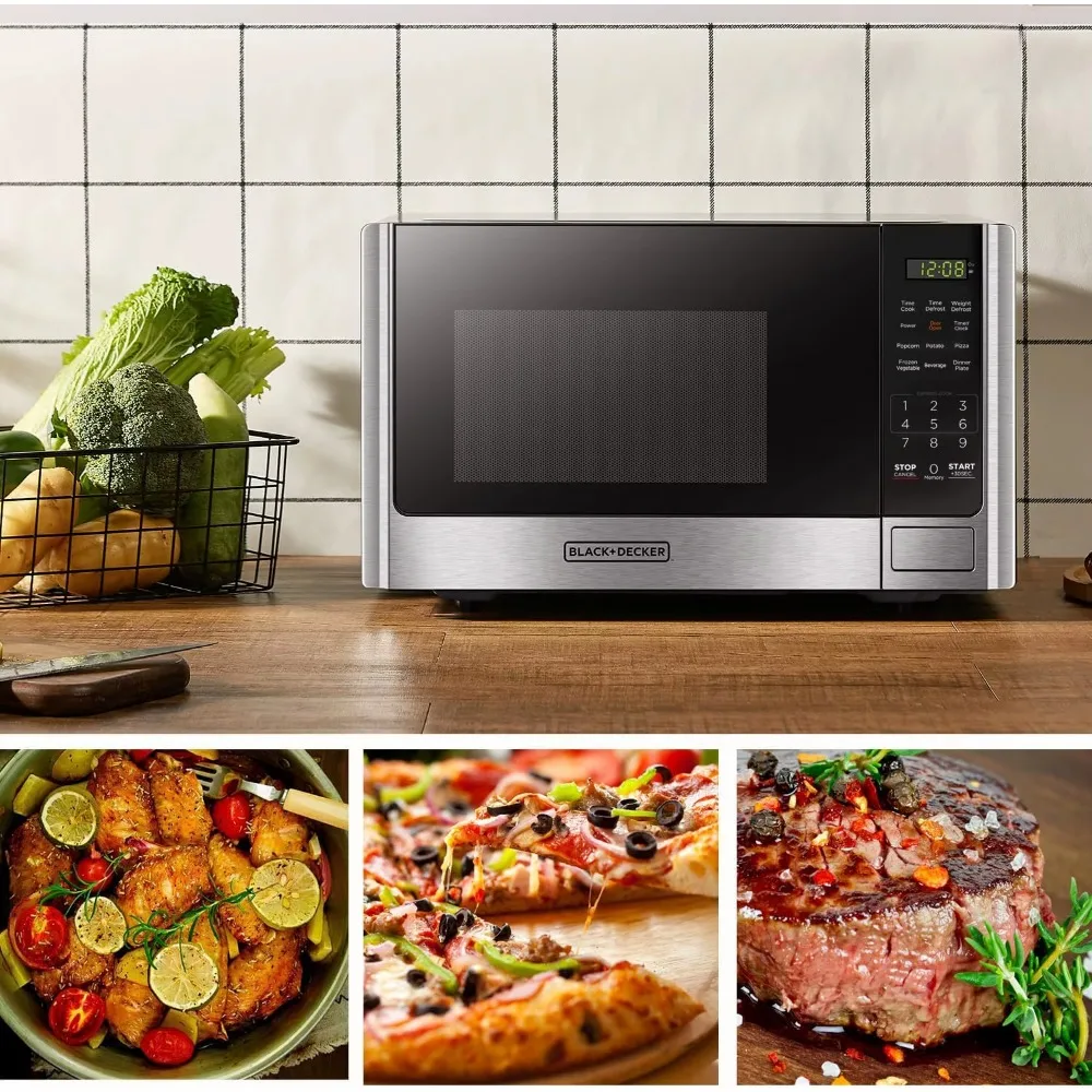 Digital Microwave Oven with Turntable Push-Button Door, Child  Lock, Stainless Steel, 0.9 Cu Ft