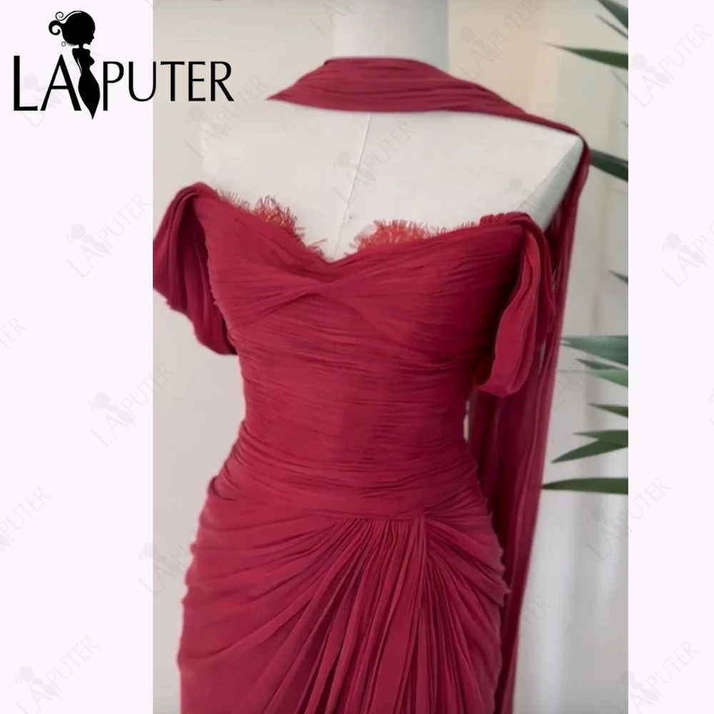 Off Shoulder Lace Edge Long Evening Dresses Halter Ribbon Flowing Prom Dress Ruched Front Split Woman Burgundy Formal Dress