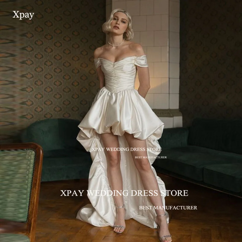 

XPAY Elegant Off Shoulder Short A Line Wedding Dresses Sweetheart High Low Puff Sleeves Draped Above Knee Soft Satin Bridal Gown