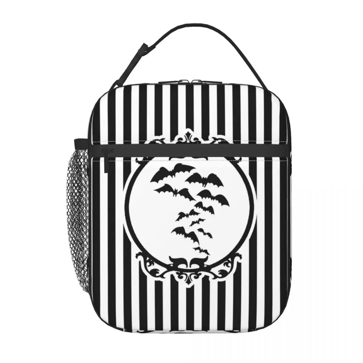 Stripes And Bats Insulated Lunch Bag School Office Goth Occult Witch Halloween Portable Thermal Cooler Bento Box Women Children