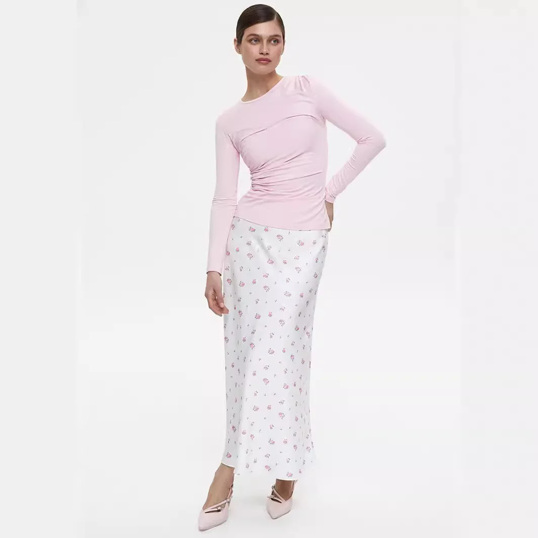 Spódnica midi z kwiatowym nadrukiem Ele, wysoki stan, fason A, długa spódnica, włókno poliestrowe, nowość na wiosnę i lato.