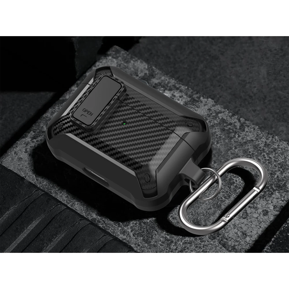 Funda con cerradura de seguridad para Airpods Pro 2, funda de lujo con interruptor de fibra de carbono para auriculares con llavero para Airpods 4