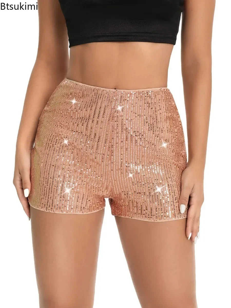 Pantalones cortos con lentejuelas para mujer, Shorts sexys de cintura media alta, elásticos, brillantes, de pierna recta, brillantes, sólidos, para fiesta y Club, 2024