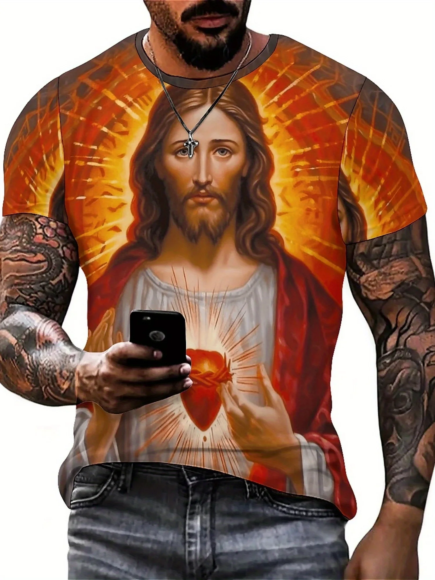 تي شيرت برسومات "Jesus" للرجال - طباعة ثلاثية الأبعاد، كم قصير، بوليستر، مريح ومتين، ملابس لجميع المواسم،