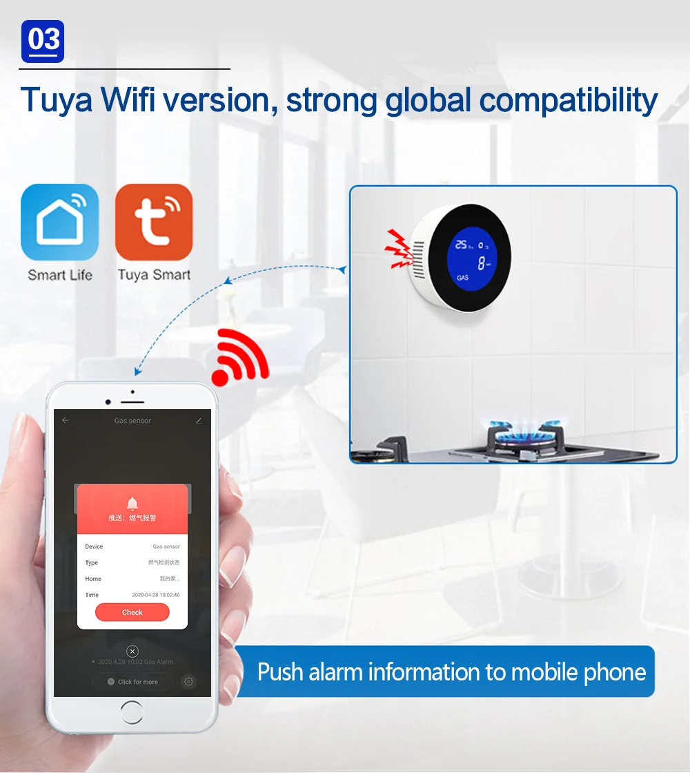 PA-210 Sensore di gas naturale WIFI intelligente Rilevatore di gas combustibile domestico LCD con allarme di perdite di carburante di temperatura.