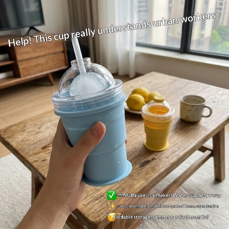 Portable folding ice hockey cup comes with straw silicone food grade ice cup mold for drinking cups when going out in summer