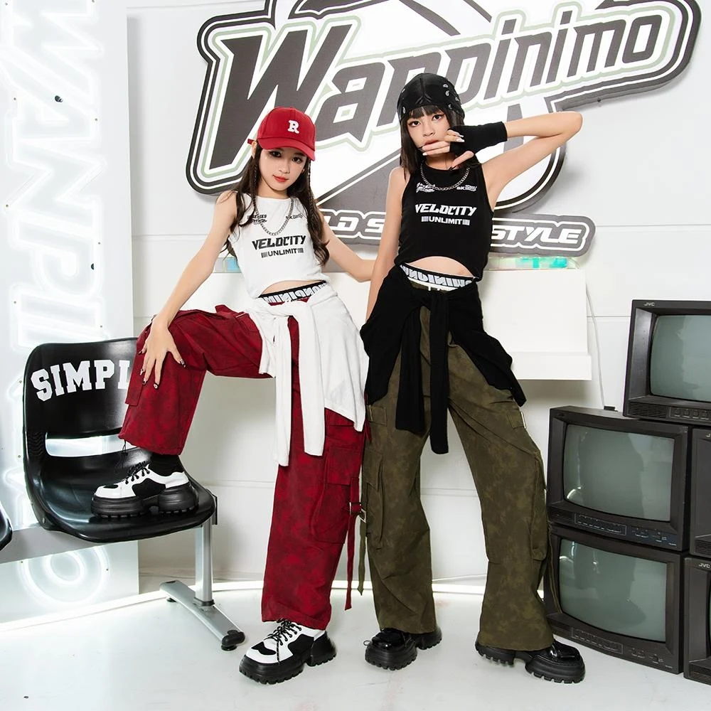 

Fashion Girls Group Jazz Dance Costumes For Kids Vest Loose Pants Streetwear Children Ballroom Hip Hop Dance Clothing DQS18173
