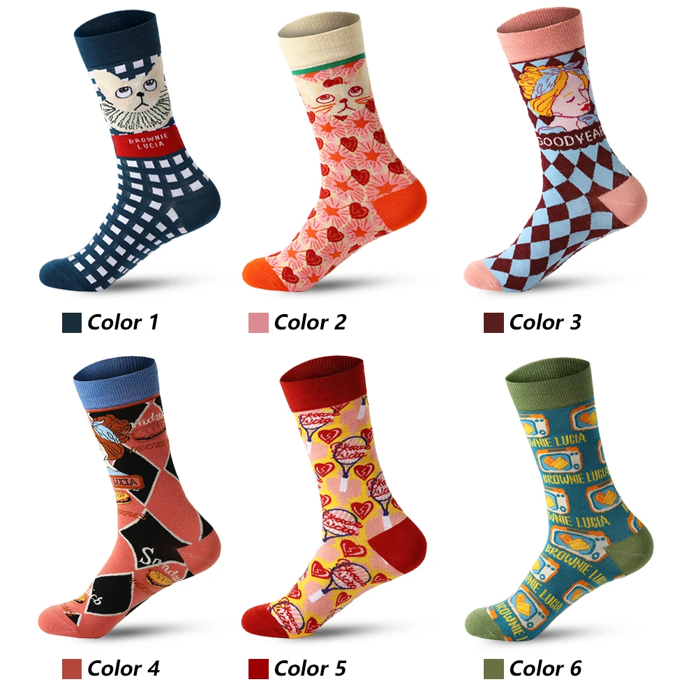 6pair/batch Fashion Cartoon cat Men Socks Soft Breathable Cotton Long socks Casual Socks Harajuku Happy Stockings Fun socks Gift