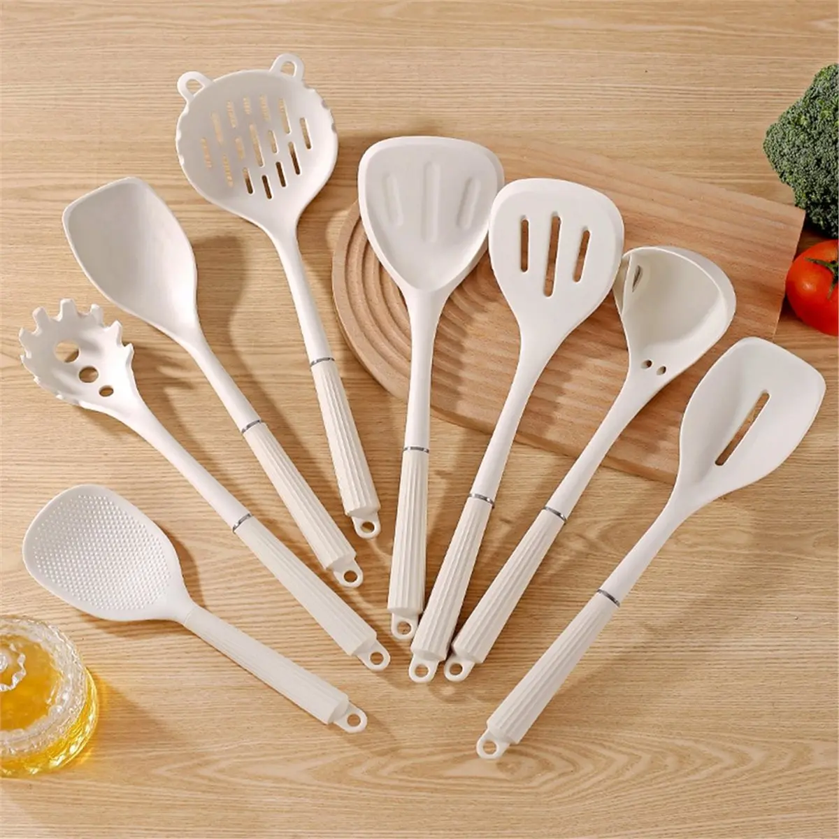 A67T NEW 8pcs Silicone Handle Cooking Utensil Set Non-Stick Pan Spatula Soup Spoon Full Home Use Stir-Fry Spatula Rice Spoon