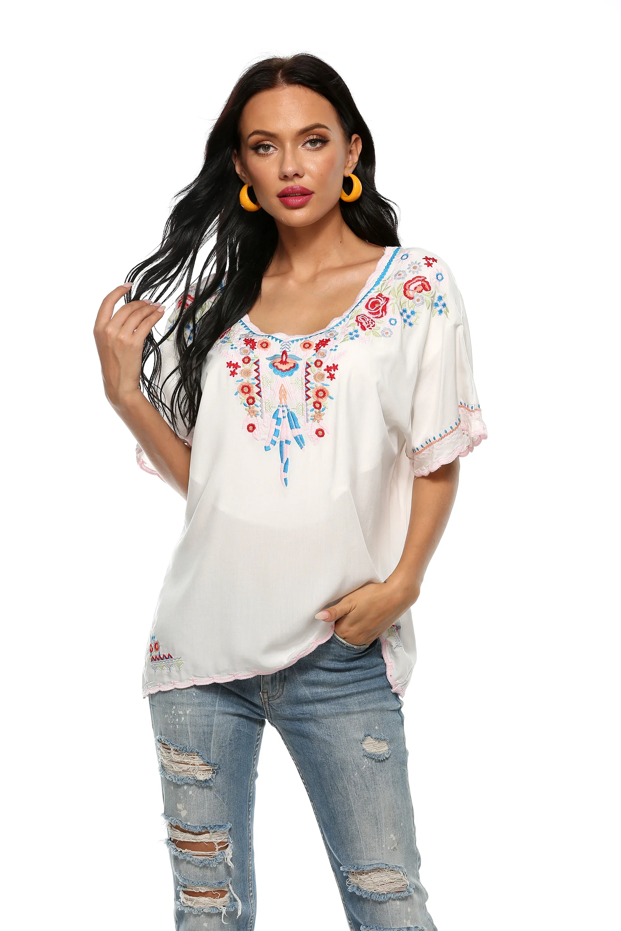 Eaeovni  Bohemian Floral Embroidered Tops For Women Mexican Style Shirts Womens V Neck Boho Summer Peasant Tunics Blouses