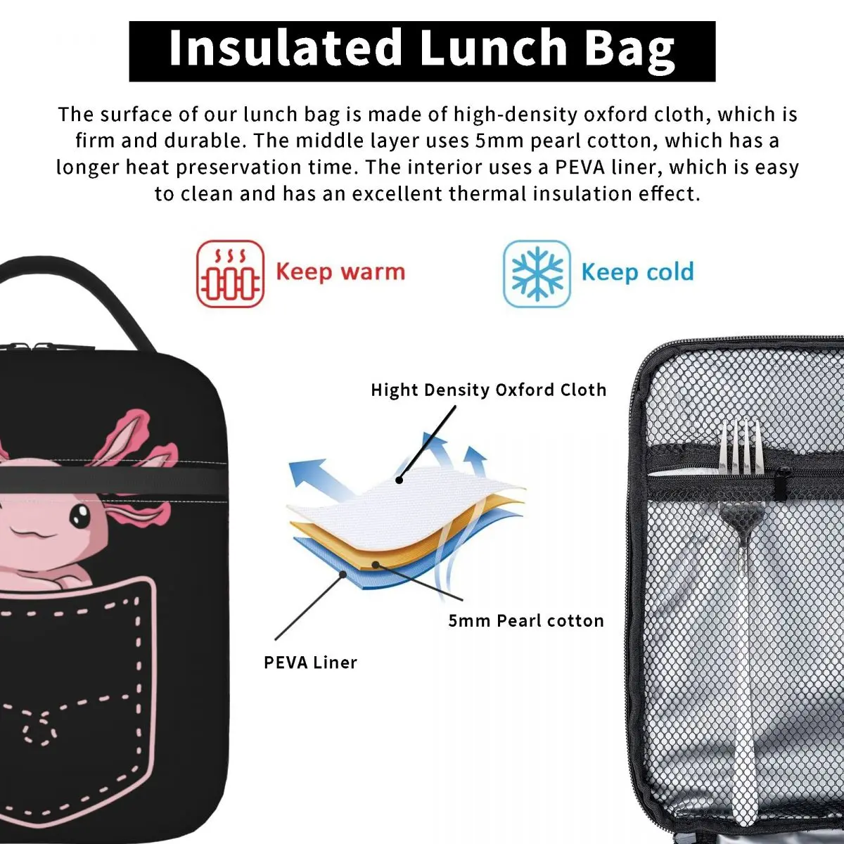 Axolotl In Pocket Insulated Lunch Bags for Women Amphibian Exotic Animal Resuable Thermal Cooler Bento Box Kids School Children