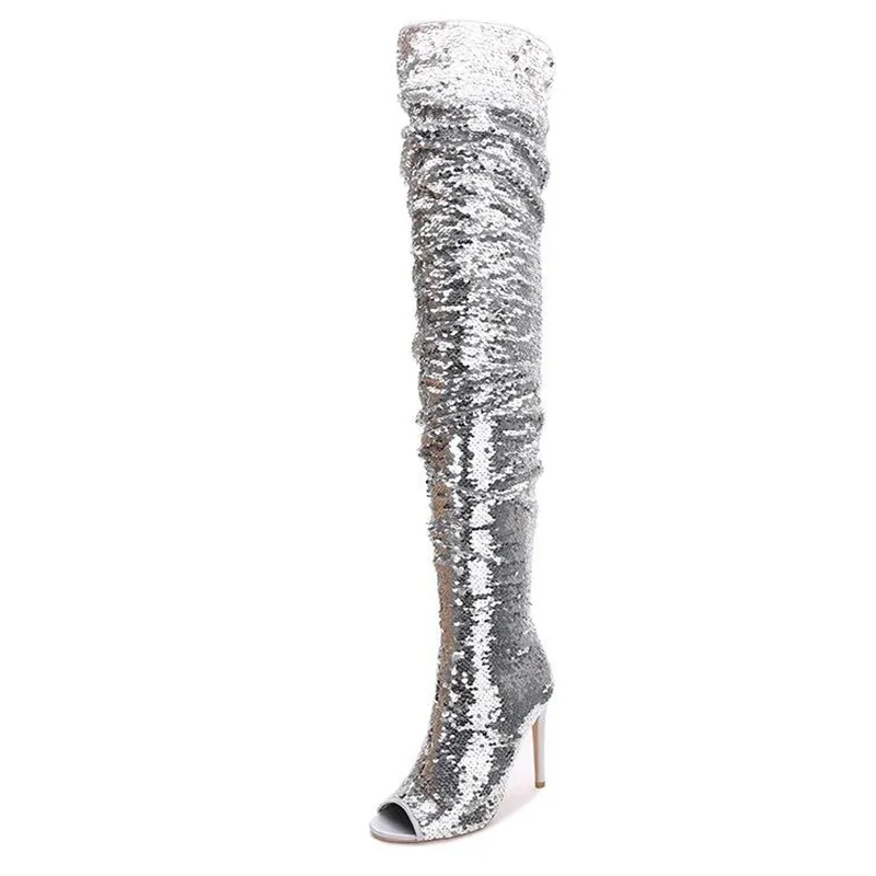 Bling Bling Sequin Over The Knee Tight High Boot Red Green Glitter Stretch Long Boot Autumn Winter Overknee Boots Plus Size