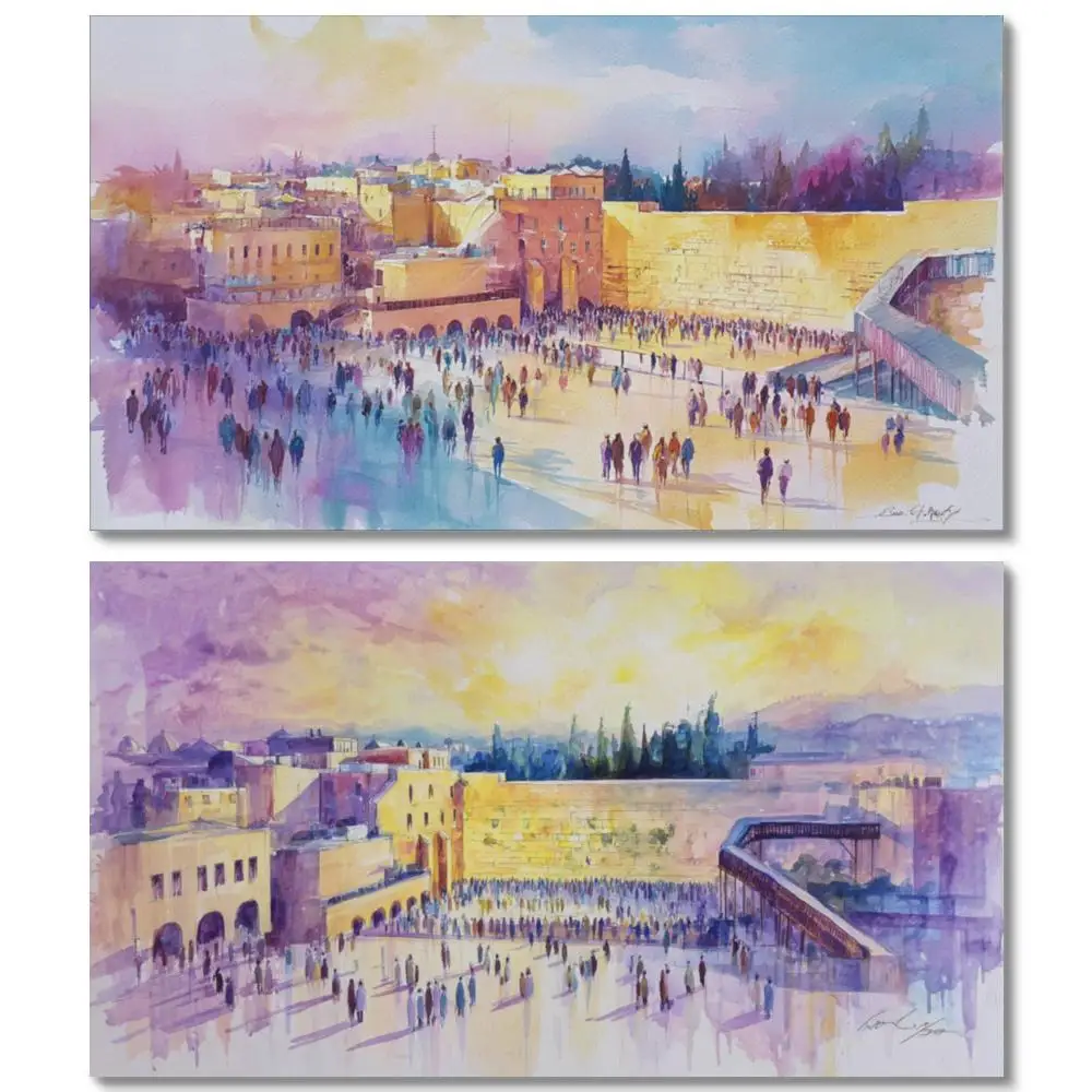 Large Pastel Sunset Jerusalem Canvas Print HD Kotel Plaza Colorful Abstract Jewish Modern Wall Decor for Living Room Entryway