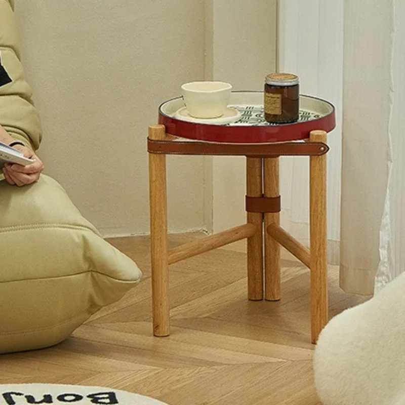 Solid wood luxury coffee table living room retro sofa side table bedside small round tray corner bedroom home furniture