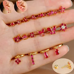Stainless Steel Rose Red Zircon Small Stud Earring Little Helix Tragus Screw Back Cartilage Piercing Earring Body Jewelry 1PC