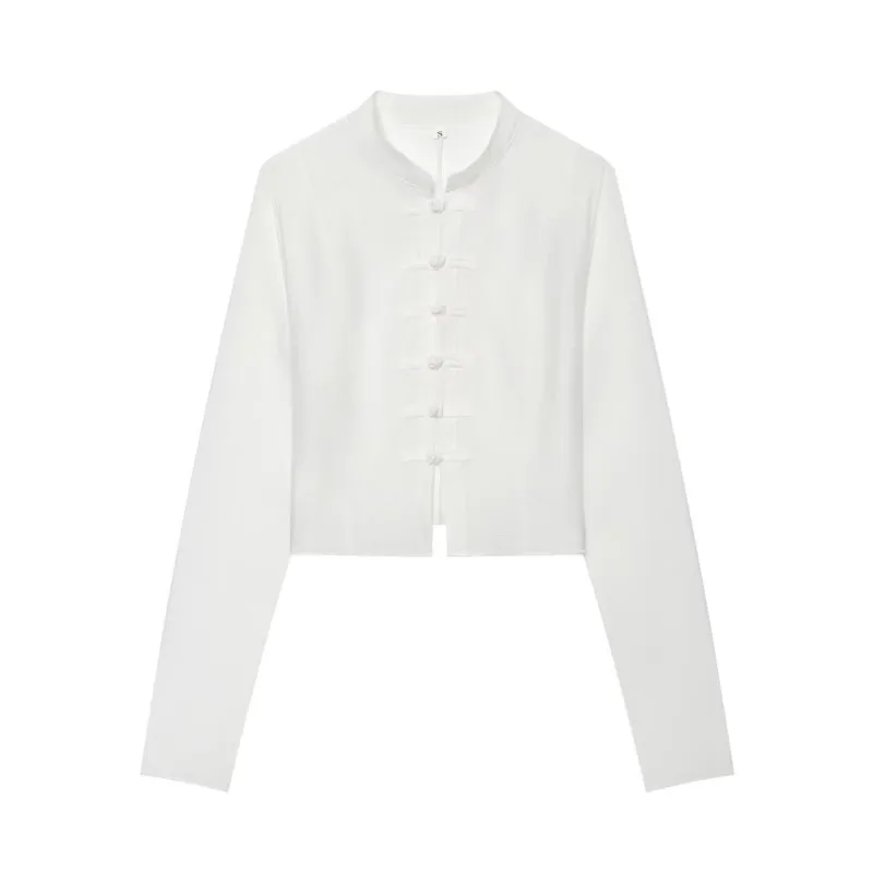Women's Stand‑up collar Blouse Women Frog Button O-Neck Long Sleeve Translucent Short Solid Color Shirts amp; Blouses Female Top