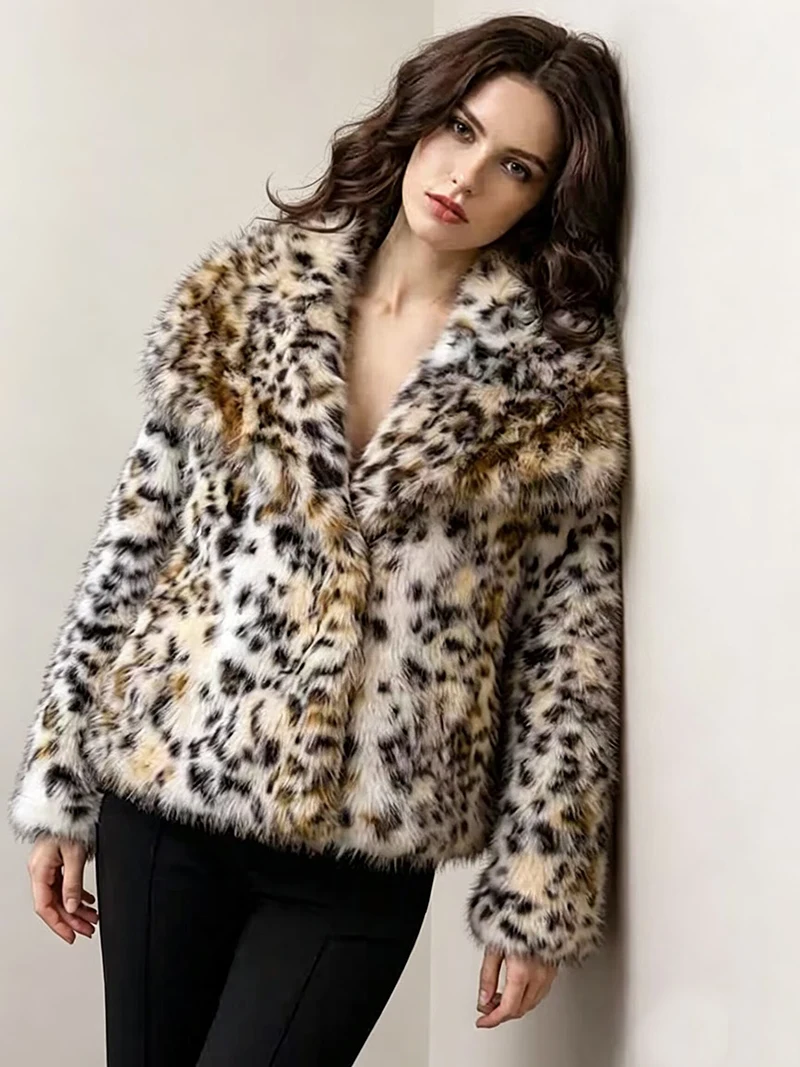 ZADORIN Trendy Wide Collar Leopard Print Faux Fur Coat Woman Winter Thick Fluffy Fur Jacket Top Y2K Clothes For Woman Outerwear