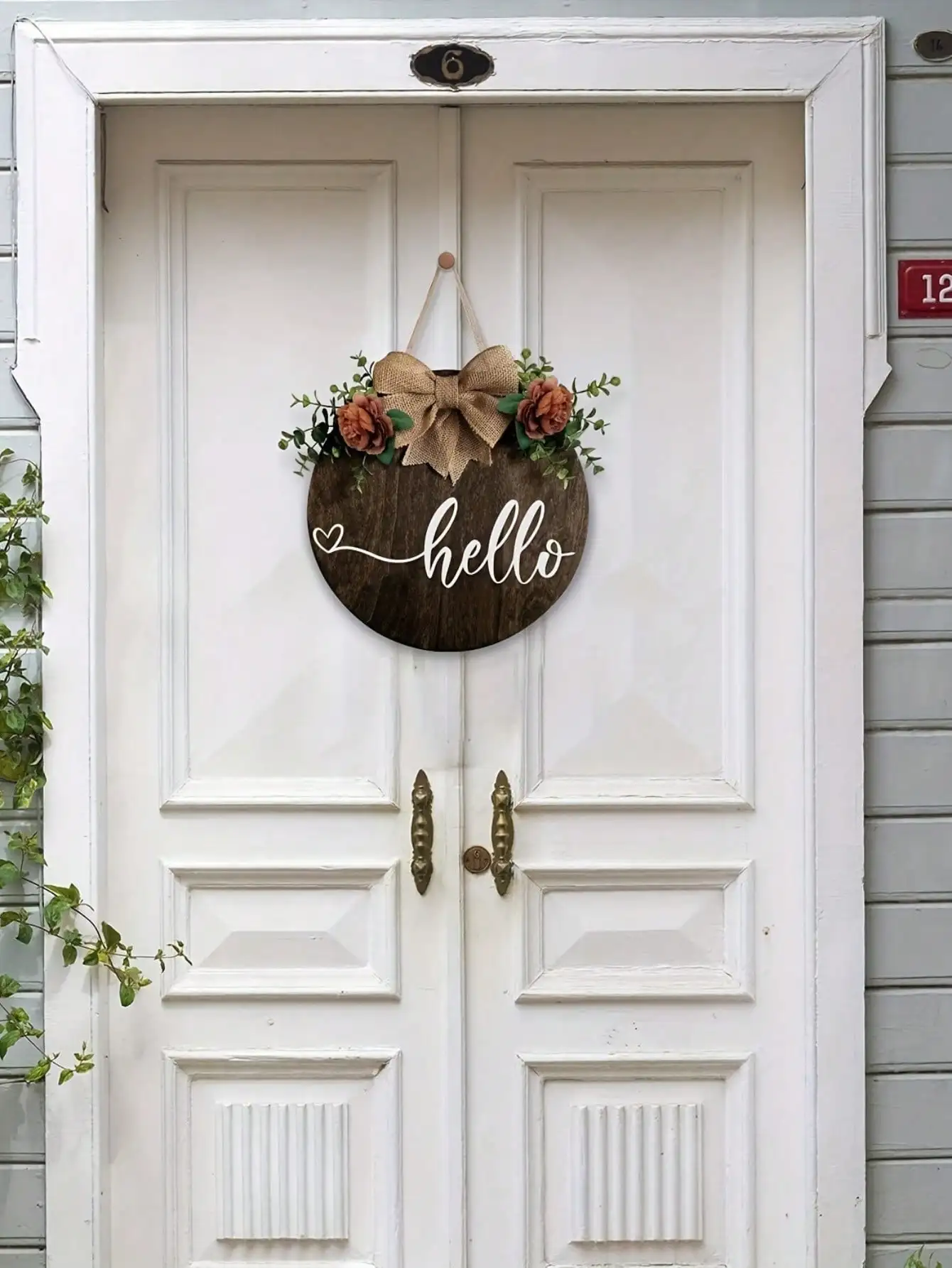 1 piece wooden round hello welcome wreath sign hanging decorating front door, farmhouse porch sign and artificial greenery