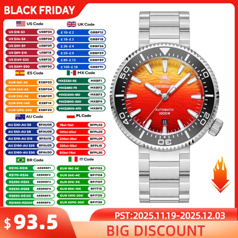 ADDIESDIVE Men's Automatic Watch Super Luminous Sapphire Glass 1000m Waterproof Diver's Wristwatch Ceramic Bezel Man Watches