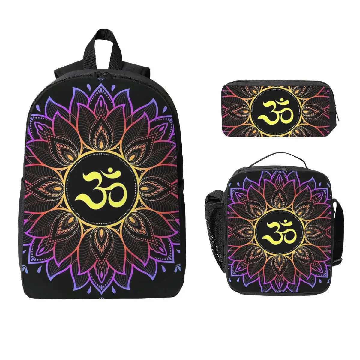 

Gold Golden Mandala Om Yoga Aum Ohm Henna Backpack BookBag School Bag Laptop Shoulder Bags 3ps Insulated Lunch Bag Pencil Case