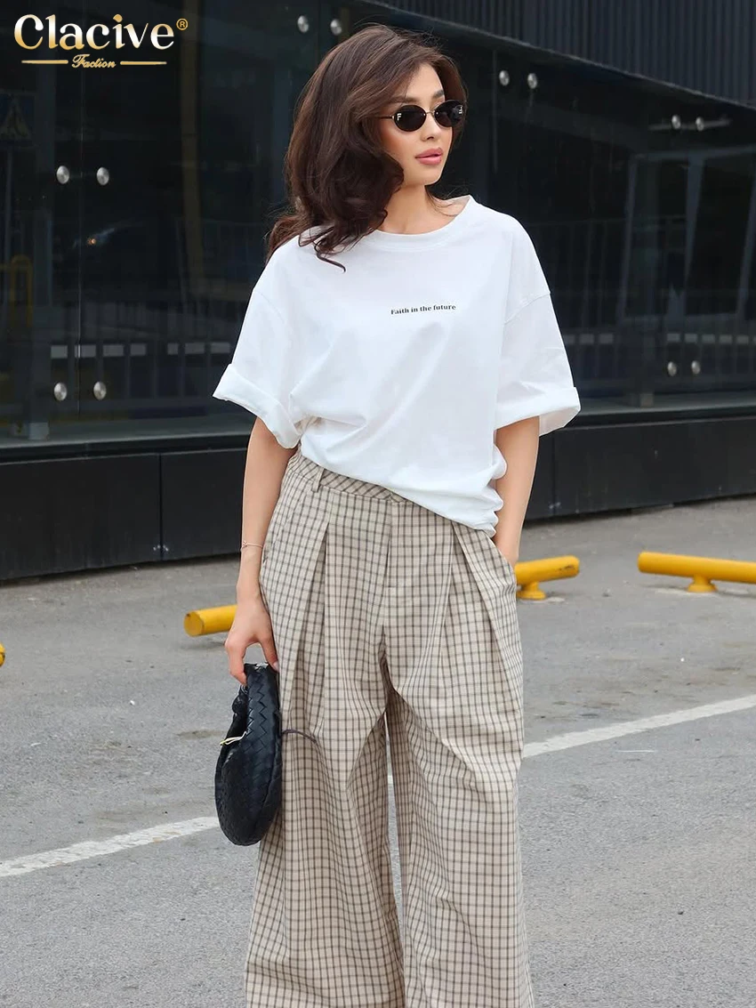 Clacive Fashion Loose Plaid Print Women's Pants 2025 Casual High Waist Wide Trousers Elegant Classic Pants Female Clothing