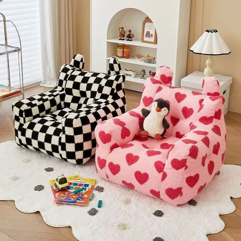 Ins-sofá pequeño con patrón de tablero de ajedrez blanco y negro para niños, asiento de dibujos animados, lectura, Mini Silla de ocio, sofá Perezoso