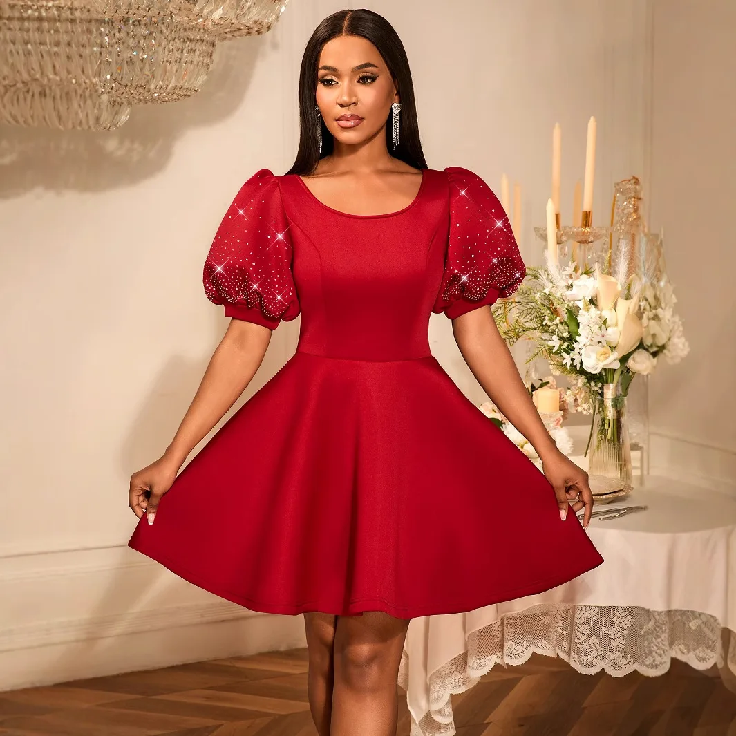 

Beaded Puff Sleeve Dress Slim Fit High Waist Evening Party Dress Am 050138 Harajuku 2025 Summer Dress Robe Vestido Women Party