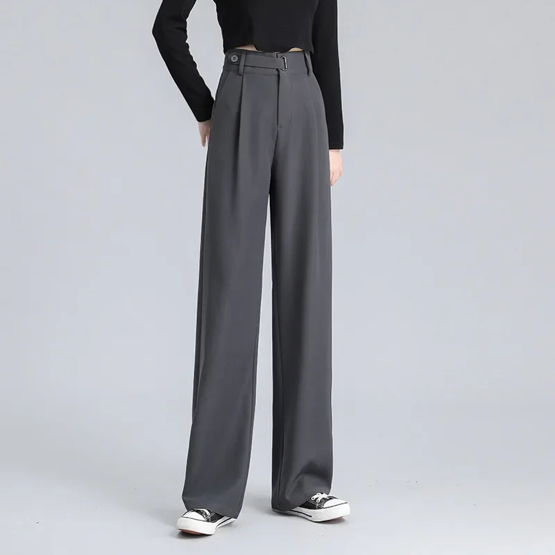 Pear-shaped Women's Casual Straight-leg Pants Black Iron Ring Design Spring Autumn Winter Seasonal Fashion Wide-leg Trousers