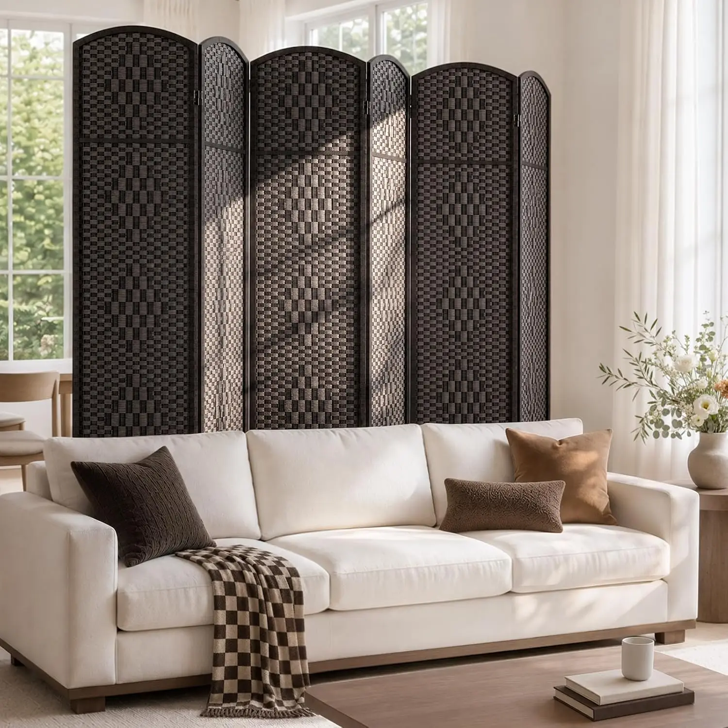 Room Divider,Folding Privacy Screen,6Panel Wall Divider,Dark Mocha, Customized