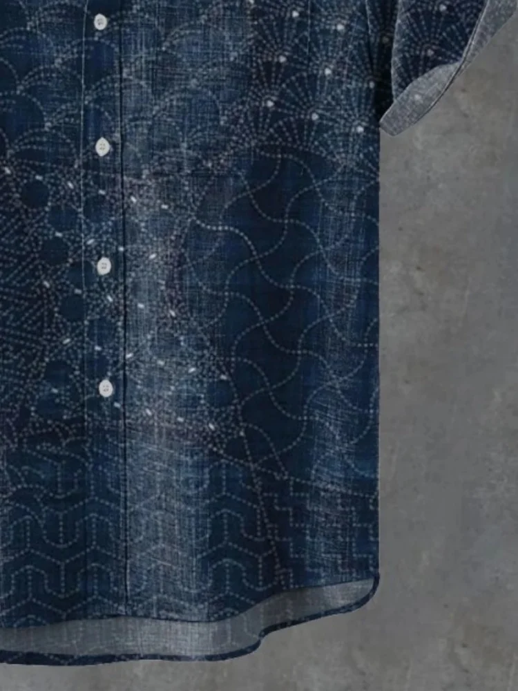 สํานักงานสวมใส่ผู้ชายญี่ปุ่นแบบดั้งเดิม Sashiko Art Vintage พิมพ์เสื้อลําลองฤดูร้อนปุ่มแขนสั้น Chic Tops