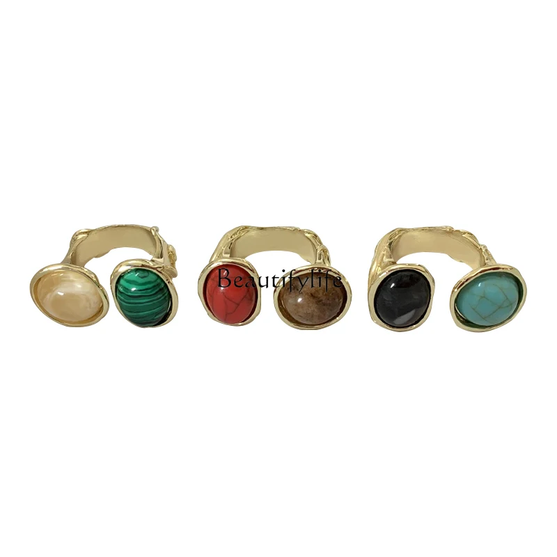 

French Style Retro Europe and America Temperamental Minority Irregular Gemstone Contrast Color Two-Color Open Tide Ring