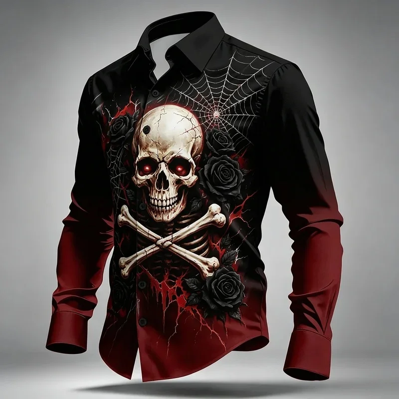 Men's Black Red Skull Black Rose Spider Web Print Long Sleeve Shirt Lapel Button Tops For Halloween Punk Street Outfit