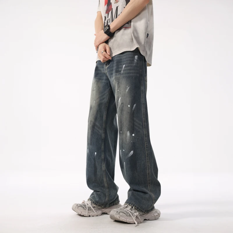 

XL8879High quality summer hipster jeans loose graffiti straight leg trousers high street retro washed nostalgia draggingtrousers