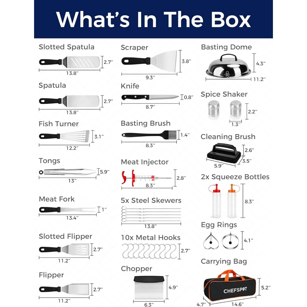 مجموعة ملحقات الشواية المكونة من 36 قطعة من شيفسبوت - مجموعة ملعقة الشواية المسطحة من هيباتشي لشوايات ويبر وبلاكستون، الإفطار #3