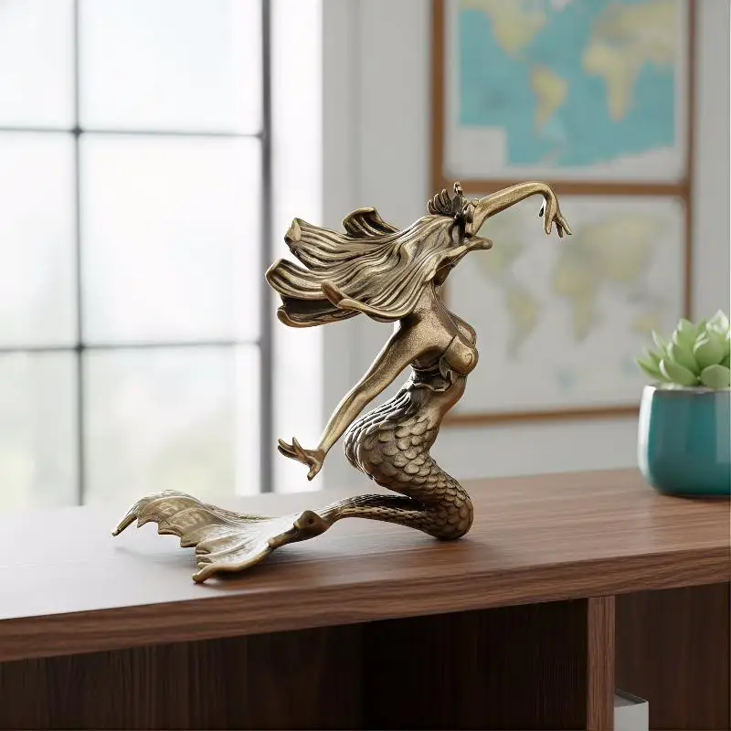 Brass Mermaid Figurine - Retro Miniature Statue for Desk & Shelf - Durable Metal Craft for Nautical Themed Decor