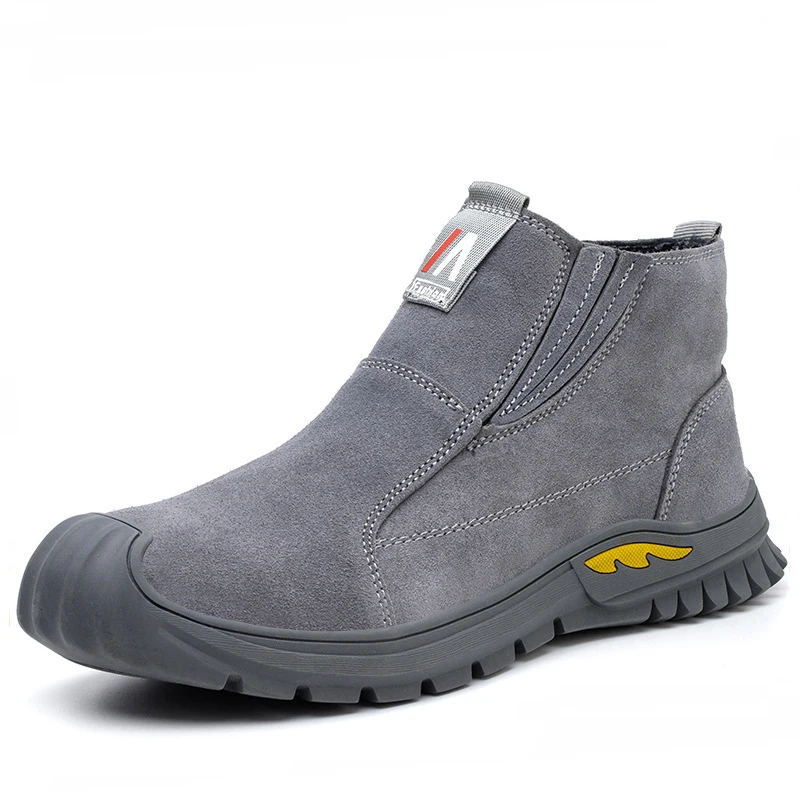 mens casual steel toe caps safety boots slip-on cow suede leather work shoes worker welding ankle botas protective footwear male