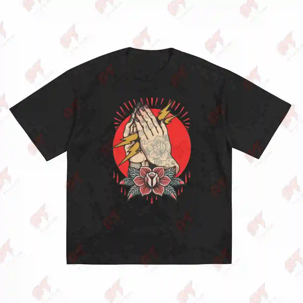 Red Lightning Bolt Floral Tattoo Rock Short Sleeve Tee 100% Cotton T-Shirt