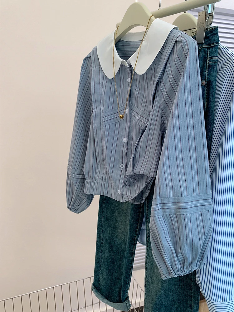 Women Doll Neck Shirt 2024 Autumn New Contrast Colored Loose Fashion Versatile Blue Stripe Top Female Long Sleeve Blouse