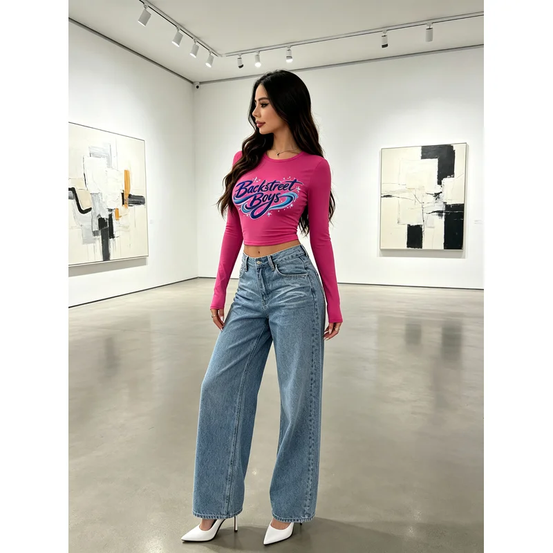 Women Long Sleeve Crop Top Graphic Band Print Tee Casual Streetwear Ladies Summer Breathable Comfy Fashion Shirt Outfit