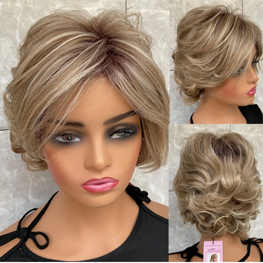 Fashiomag Short Fluffy Wavy Layered Human Hair Blend Heat Ok Wigs Women Soft Natural Daily Use