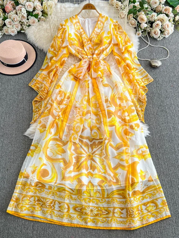 Summer Autumn Golden White Porcelain Flower Print Lantern Long Sleeve Maxi Dress for Women Muslim Style Prom Evening Dresses New