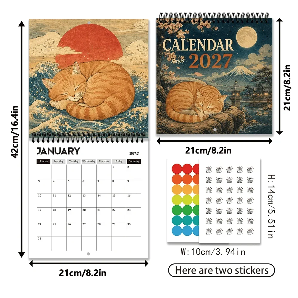1pc 2027 Wall Calendar, Ukiyo-e Cat Theme, 12-Month Monthly Planner, Perfect Gift For Back-to-School Season, Christmas, New Year