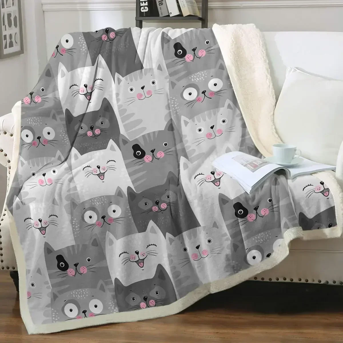 Grey and White Cats Blanket Plush Sherpa Flannel Throw Blankets for Couch Sofa Super Soft Blanket Bedroom TV Throw Blanket Full
