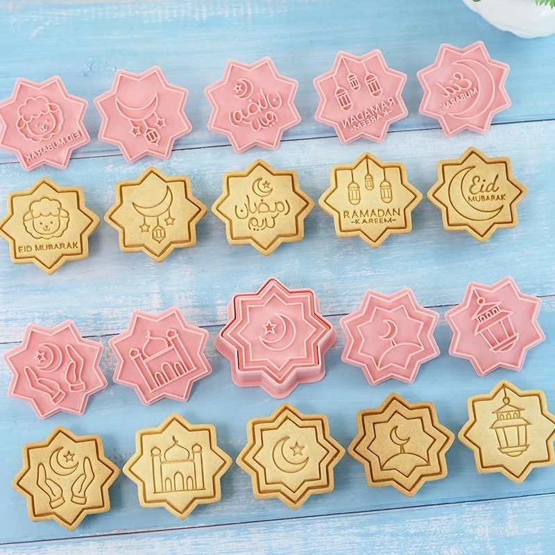 10PCS Eid Mosque Moon Cookie Cutters Plastic 3D Biscuit Molds Ramadan Fondant Baking Tools for Halal Treats Kids Family DIY