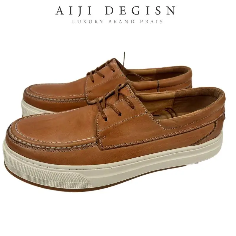 

High Quality Retro Washed Horsehide Casual Shoes Men's Loafers All Made Genuine Leather Brown Black