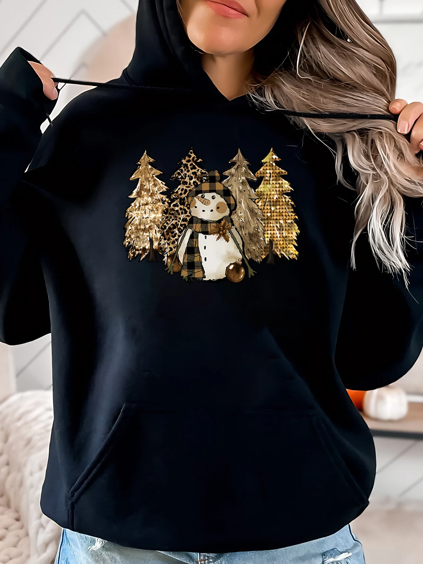 

Рождественская толстовка со снеговиком и леопардовым принтом, женская зимняя повседневная одежда, черная, больших размеров