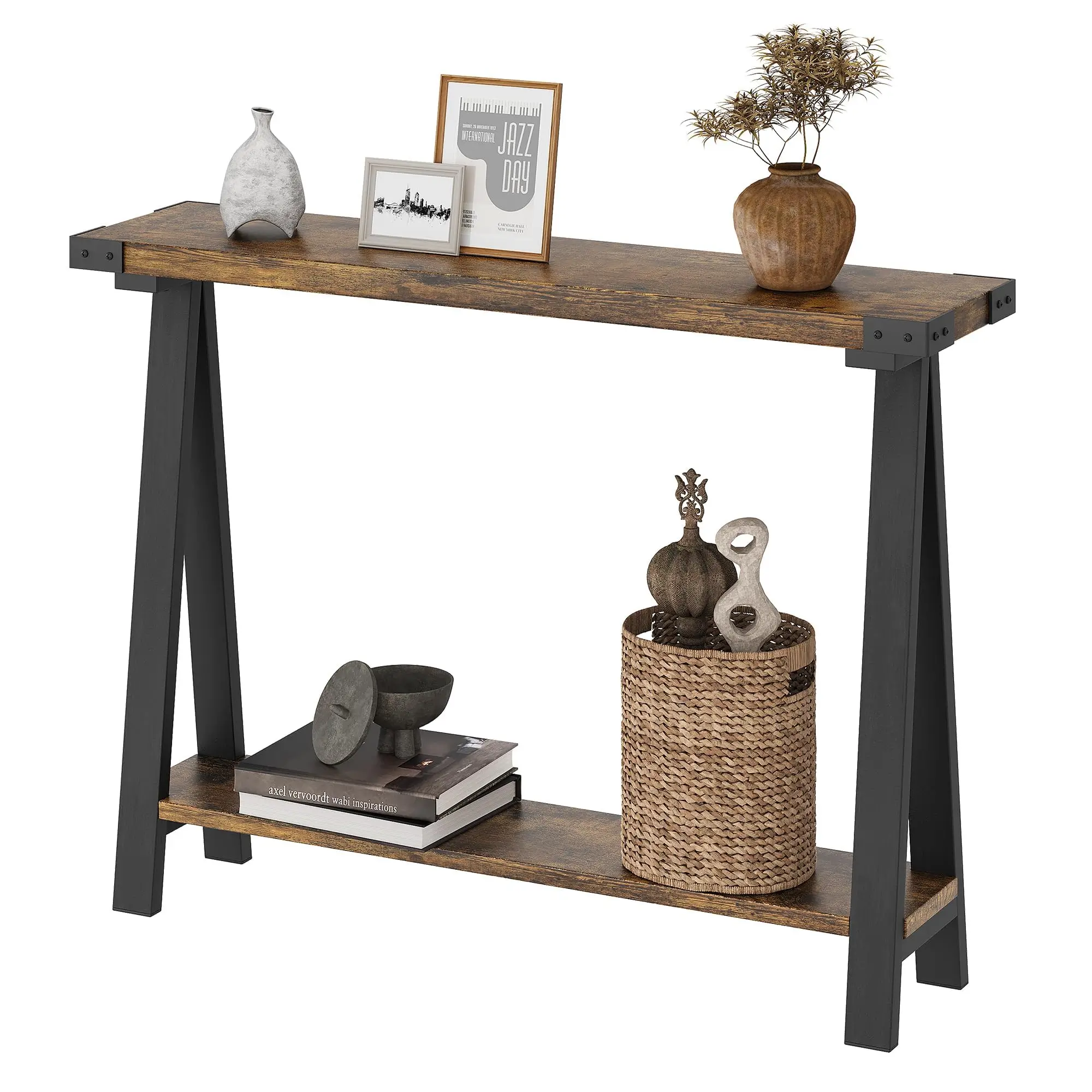 Slim Console Table – 2-Tier Narrow Sofa Table with Storage Shelf, v-Shaped Metal Frame, Stylish Entryway Accent Table