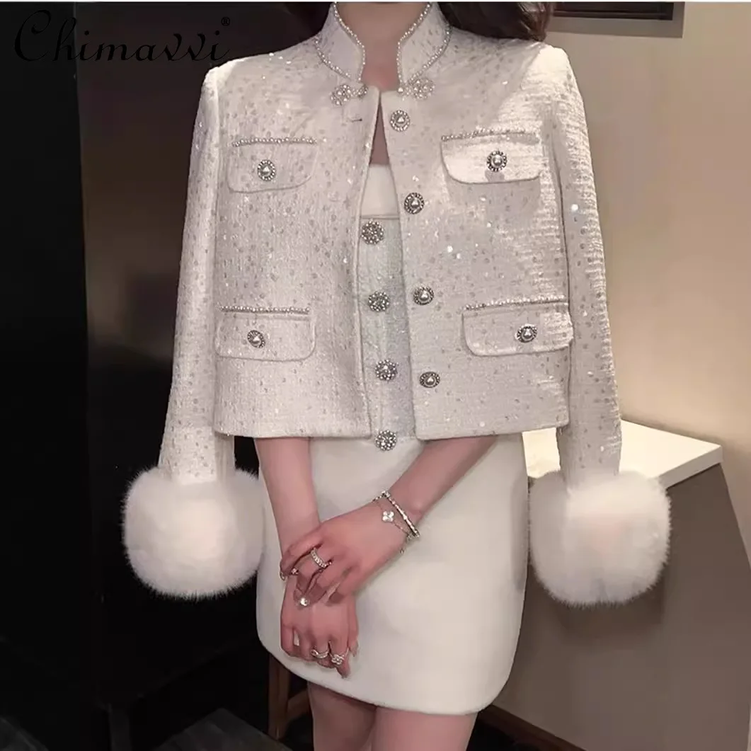 

French Elegant Socialite Diamond Sequin Stand Collar Fur Splicing Long Sleeve Single-breasted Short Wool Top Jacket Women Autumn