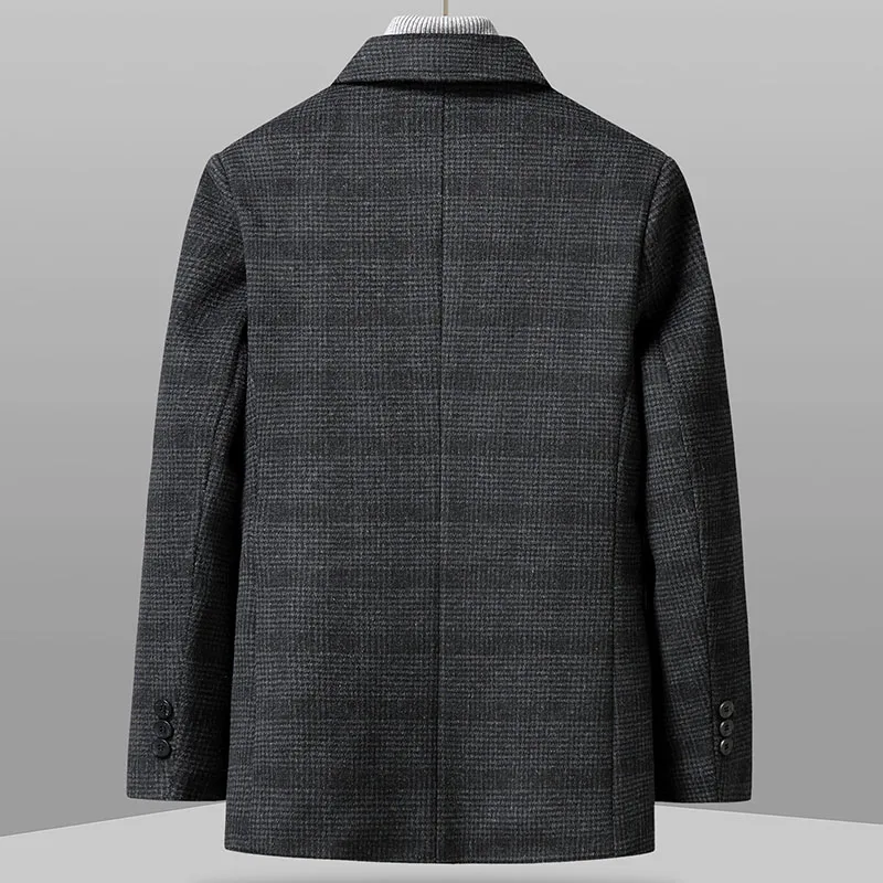 Casual Men's Warm Plaid Woolen Coat Winter Outwear Loose 100% Wool Liner Short Overcoat Business Checker Thick Windproof  Jacket
